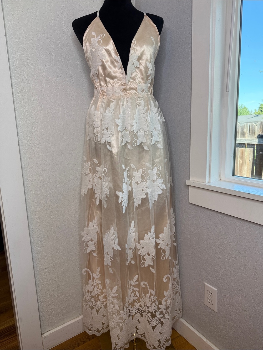 Ivory Champagne Floral Embroidered Lace Halter Maxi Dress Open Back Fairycore